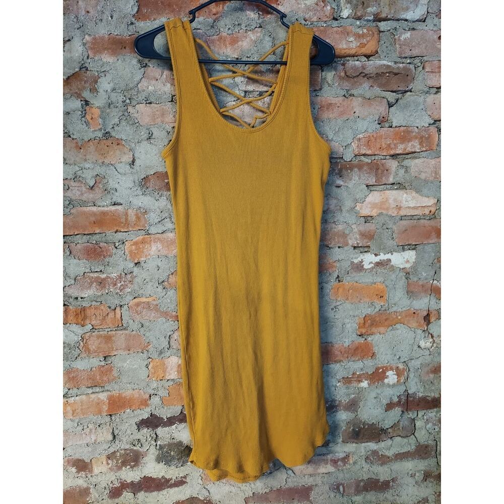 Ambiance Womens Ribbed Bodycon Dress Size 2X Mustard Yellow Lace Up Back